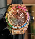 Iced Out Hublot Big Bang 39mm One Click Rainbow Bezel Rose Gold Copy Watches
